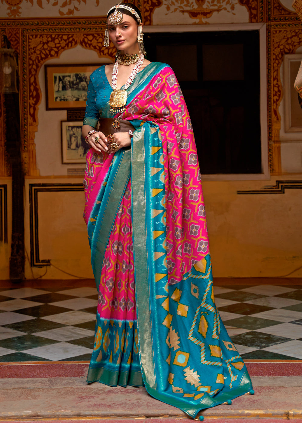 Buy MySilkLove Cabaret Pink and Blue Patola Silk Saree Online