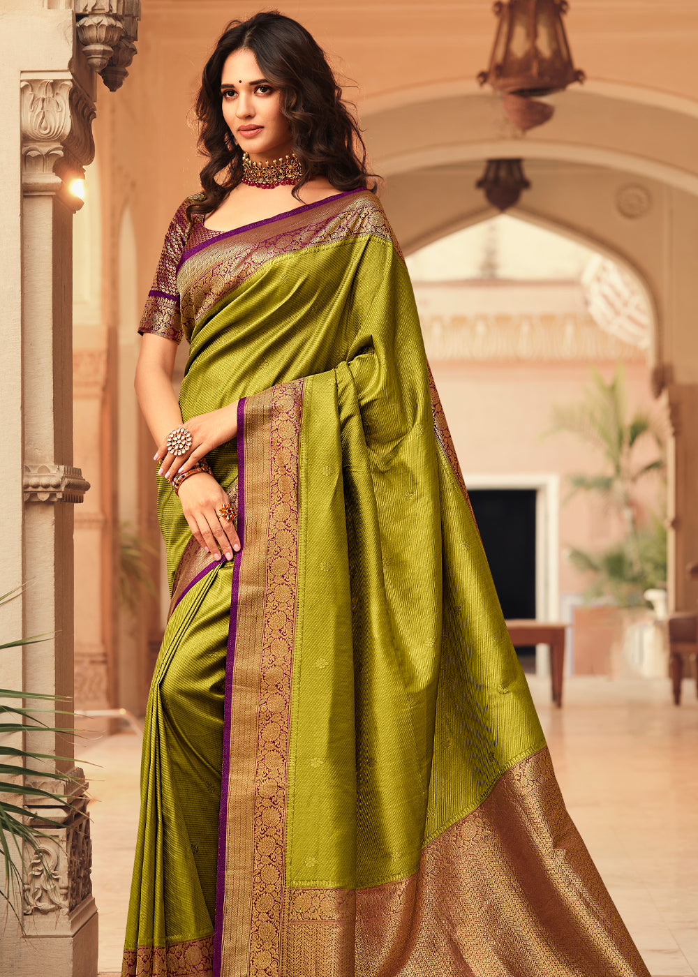 MySilkLove Green and Purple Zari Woven Kanjivaram Saree