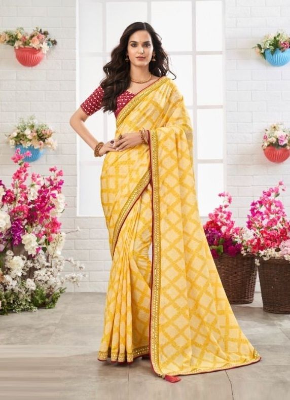 Buy MySilkLove Cream Can Yellow Chinon Printed Saree Online