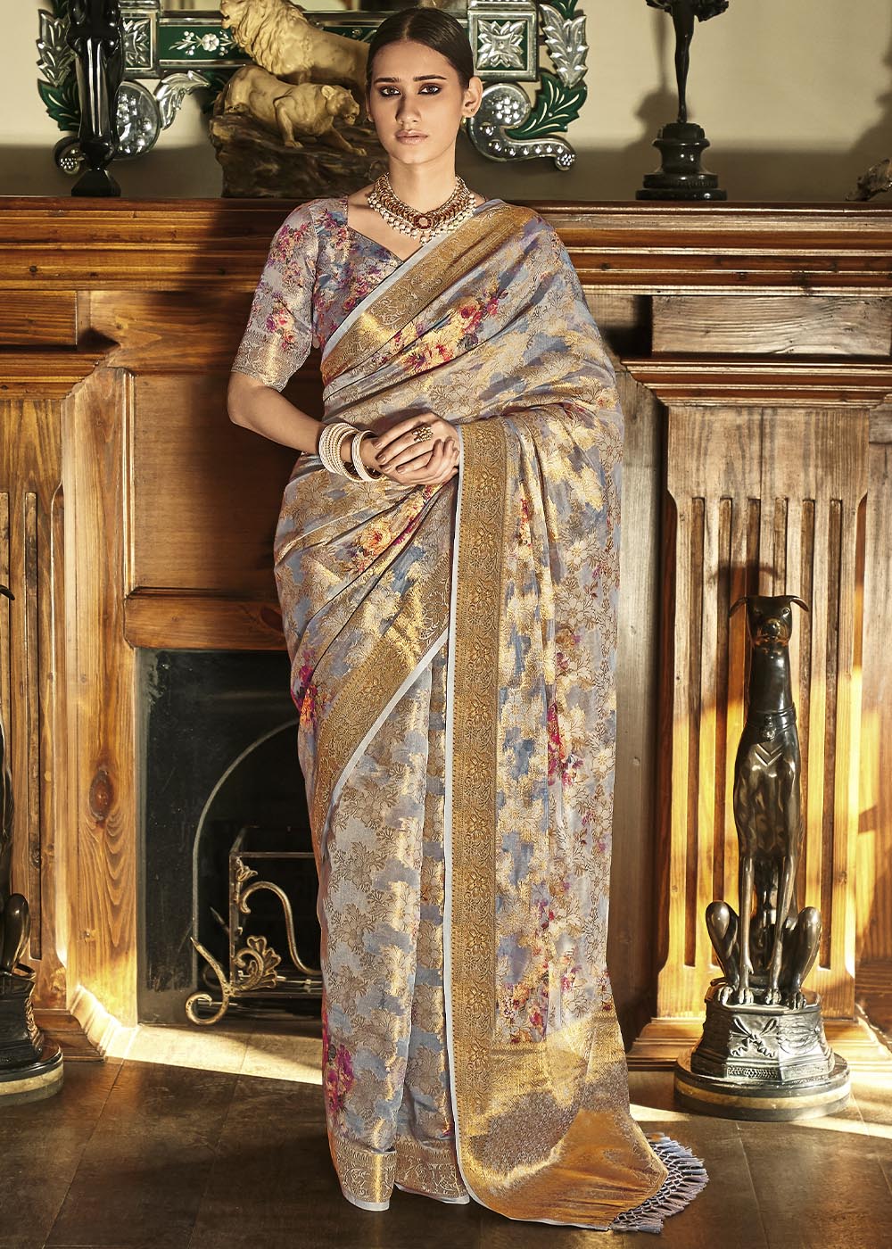 Buy MySilkLove Pale Grey Digital Printed Brasso Saree Online