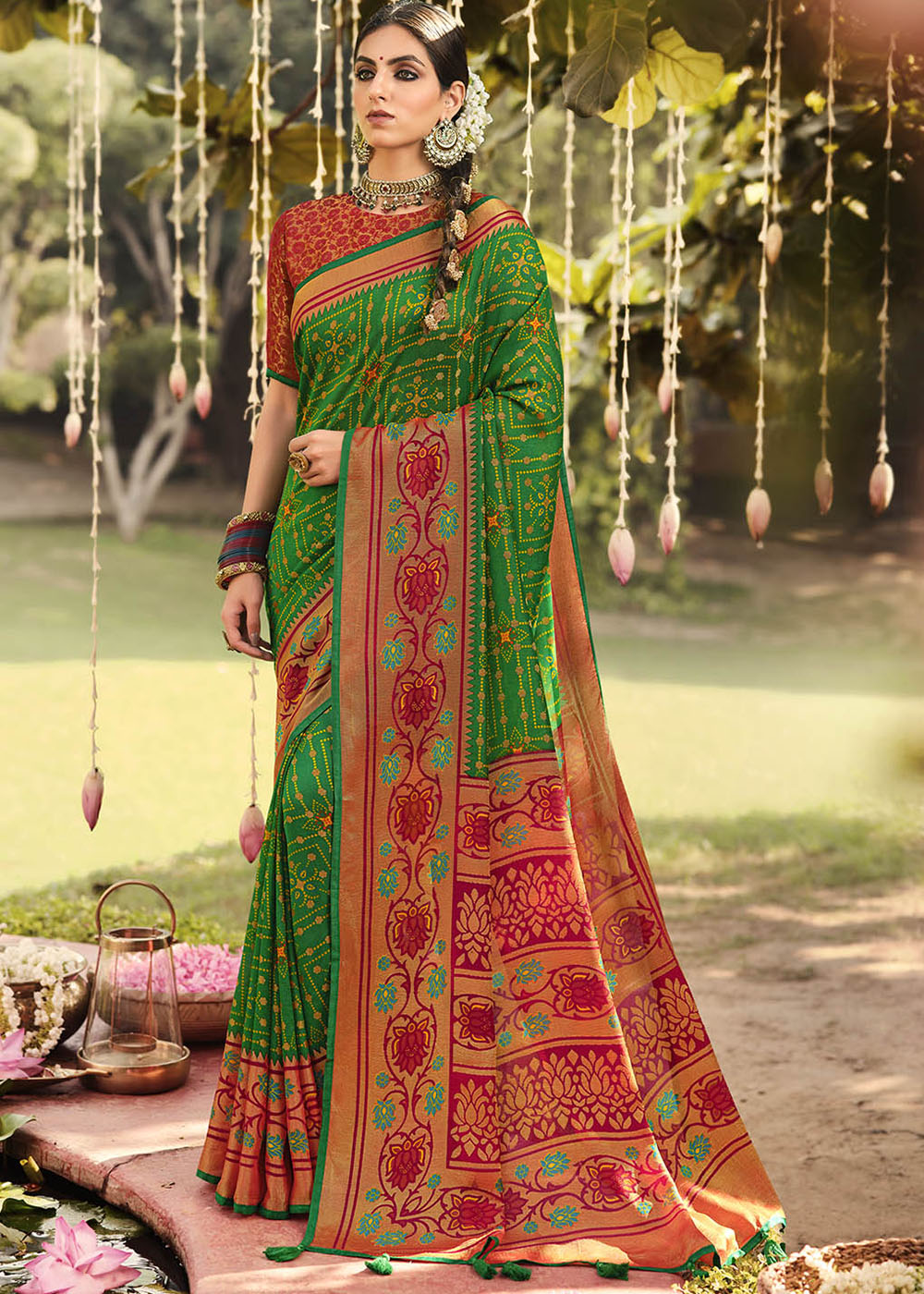 Buy MySilkLove Green Leaf and Red Soft Brasso Silk Saree Online