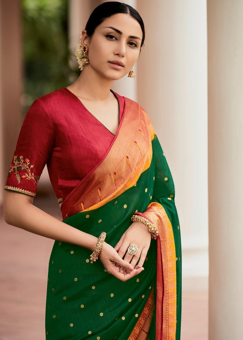 RED WOVEN PURE BRASSO CHIFFON SAREE – zarikaariindia.com