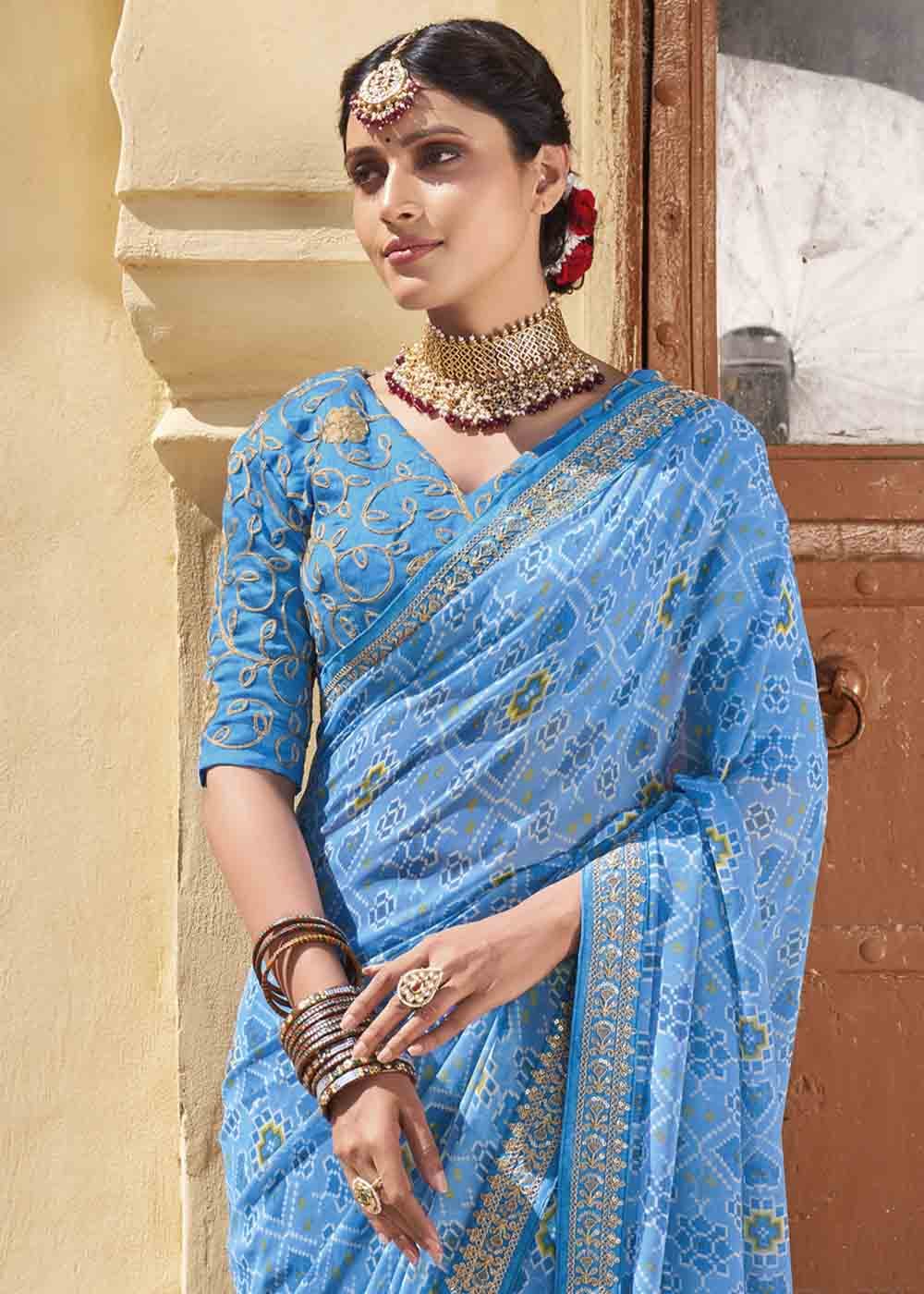 Buy MySilkLove Danube Blue Patola Print Georgette Saree With Embroidered Blouse Online