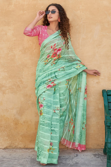 Buy MySilkLove Green Sheen Digital Printed Linen Floral Saree Online