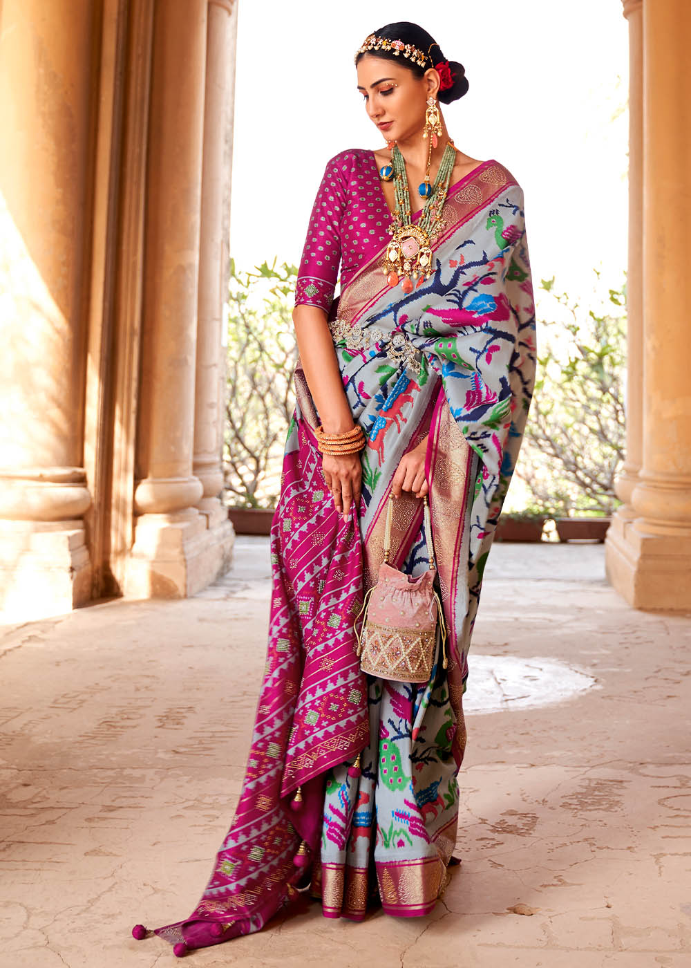 Buy MySilkLove Bombay Grey and Pink Printed Patola Saree Online