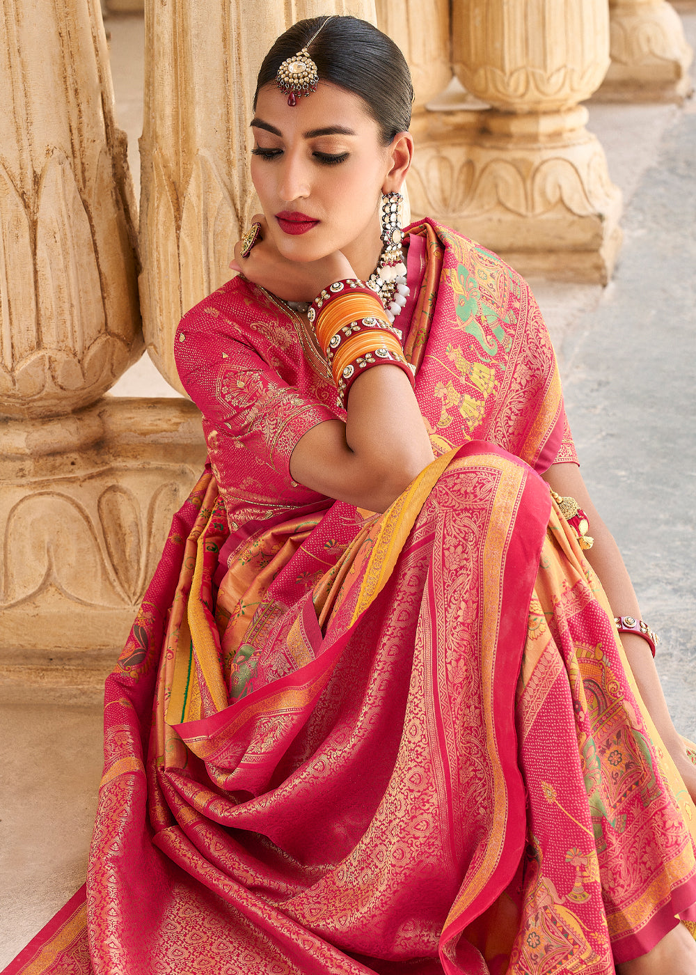 Buy MySilkLove Peach Orange and Red Designer Banarasi Saree Online