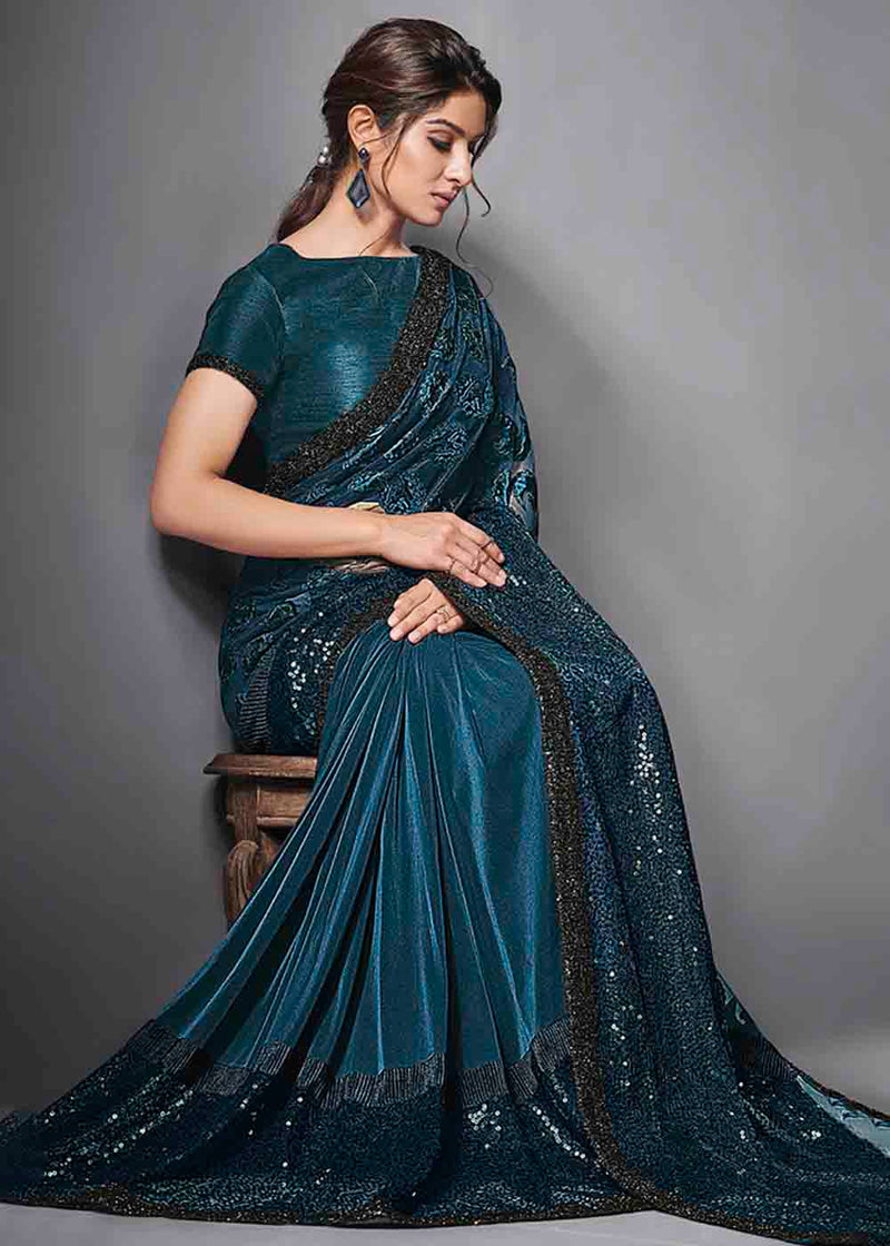 Weave Polyester Designer Lycra Saree (Blue) in Surat at best price
