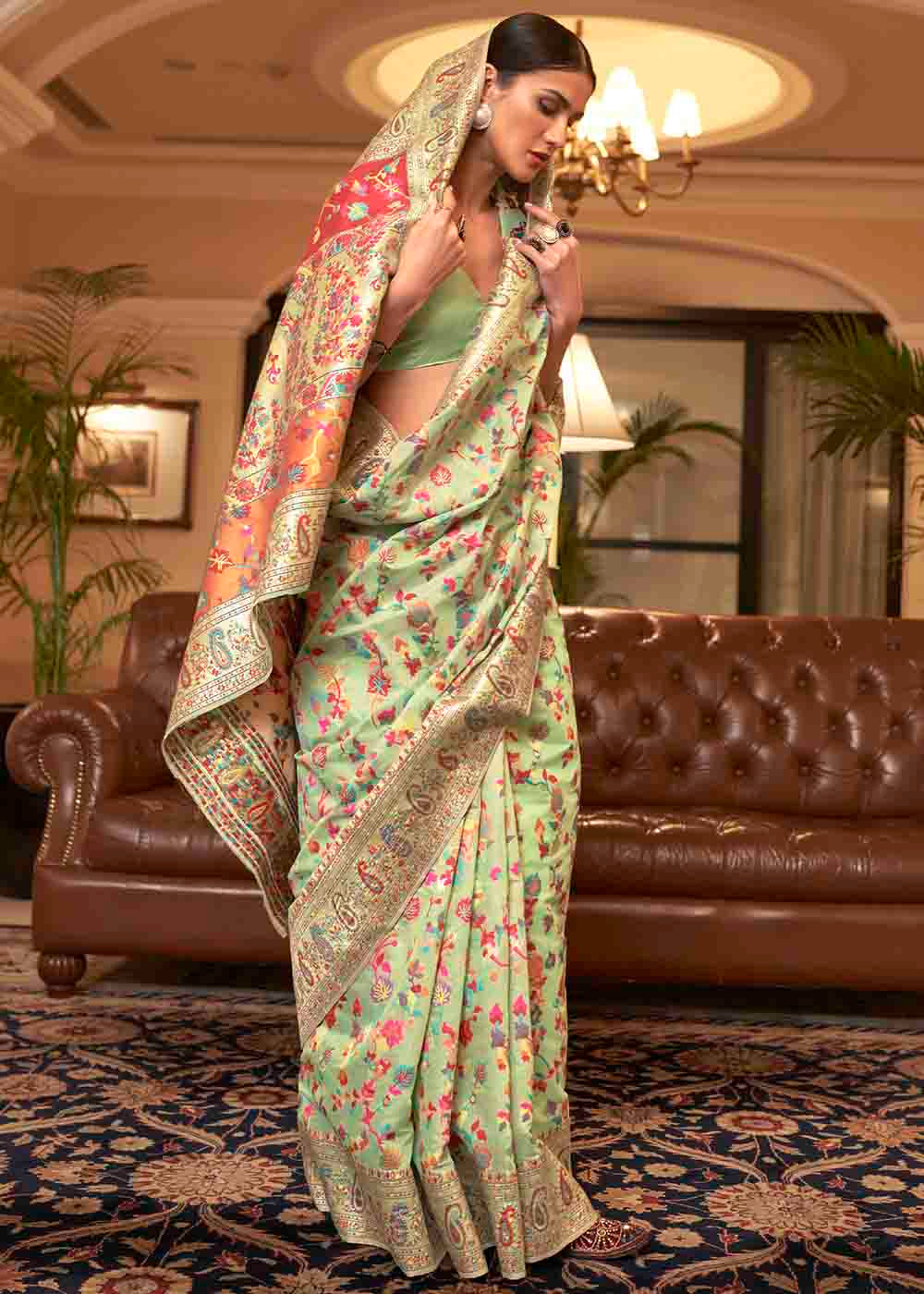 Buy MySilkLove Pine Green Banarasi Jamawar Woven Silk Saree Online
