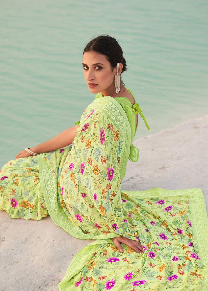 Willow Green Digital Printed Chiffon Saree