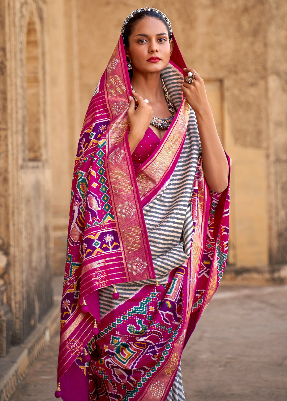 MySilkLove Mulberry White and Pink Zari Woven Patola Saree