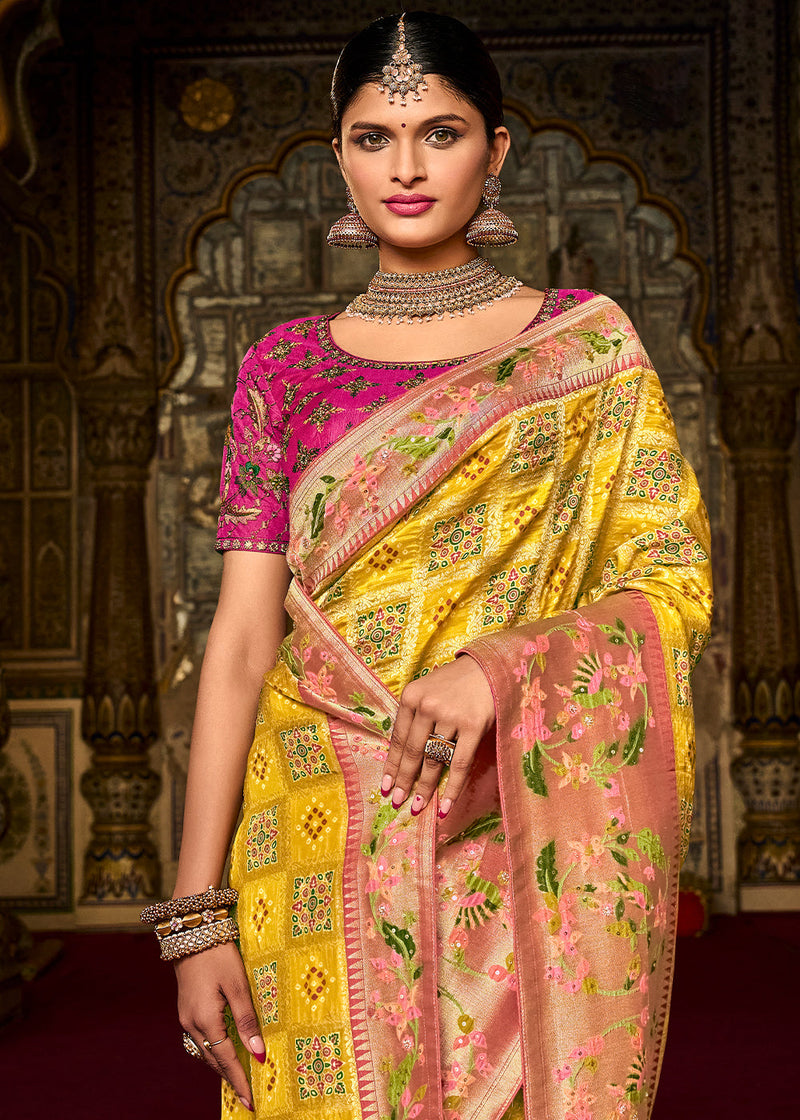 Yellow and Pink Patola Handloom Dola Silk Saree With Embroidered Blouse