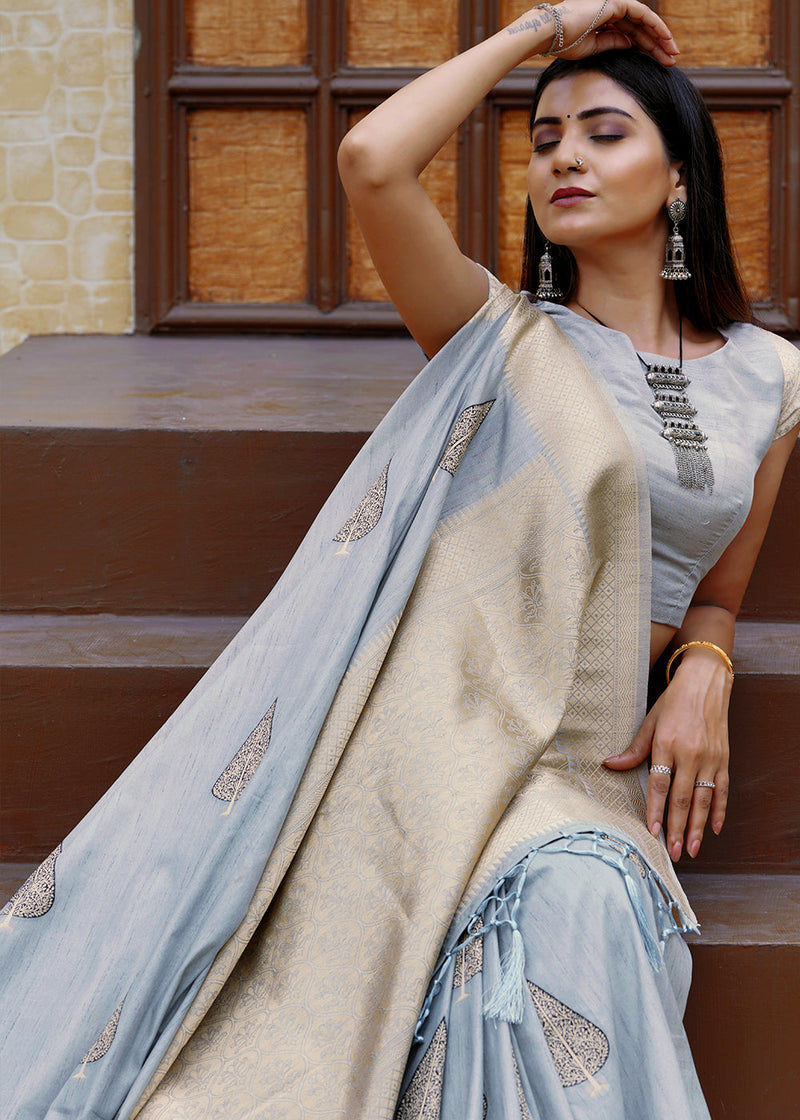 Soft Silk Stylish Grey Color Banarasi Saree – Amrutamfab