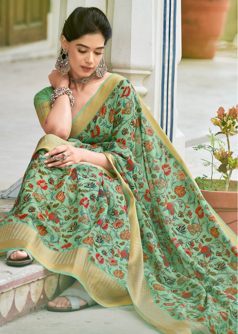 Buy MySilkLove Spring Rain Green Banarasi Printed Saree Online