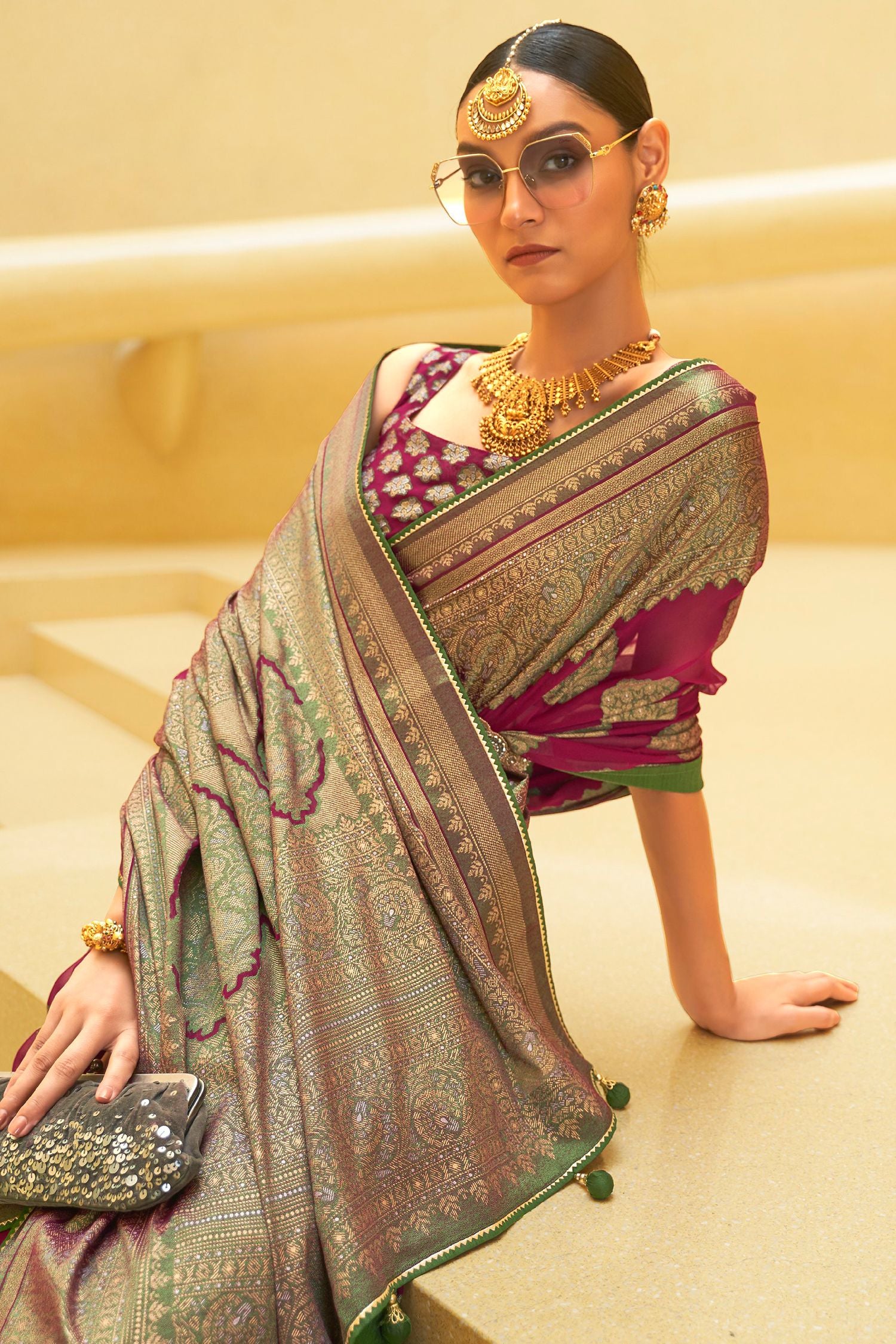 Buy MySilkLove Stiletto Purple and Green Zari Woven Brasso Organza Saree Online