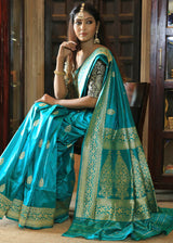 Pearl Blue Katan Pure Silk Handwoven Booti Work Saree