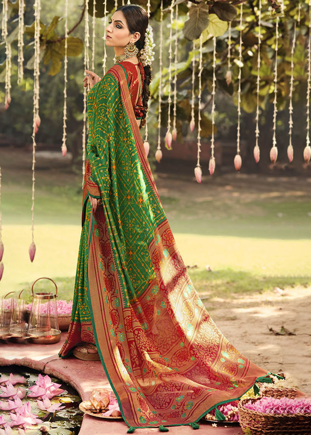 Buy MySilkLove Green Leaf and Red Soft Brasso Silk Saree Online