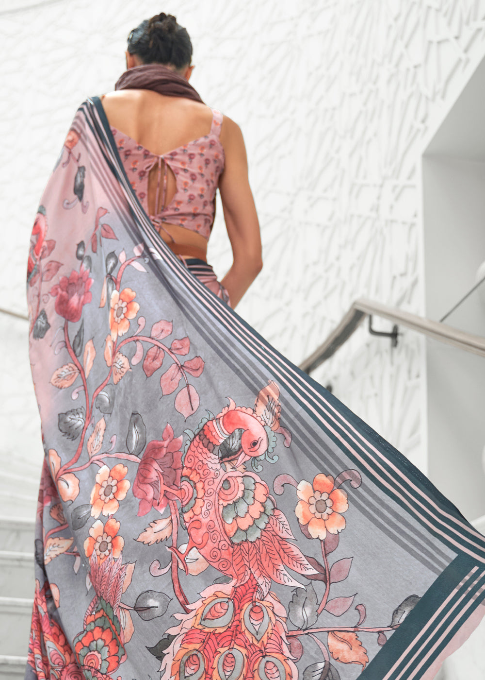 Buy MySilkLove Shilo Pink and Grey Kalamkari Printed Crepe Saree Online