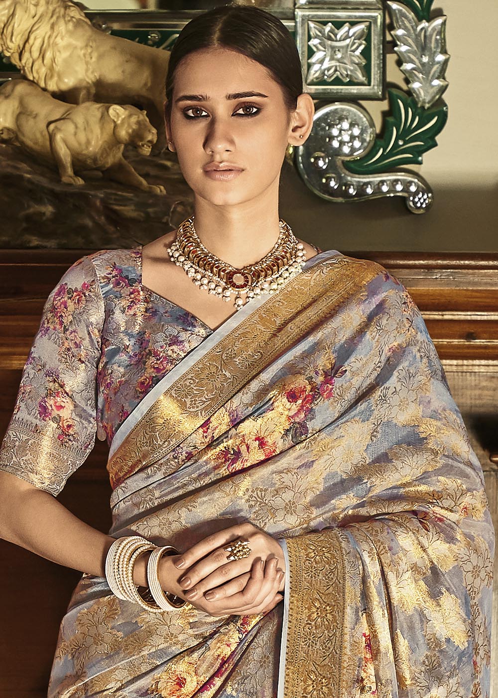 Buy MySilkLove Pale Grey Digital Printed Brasso Saree Online