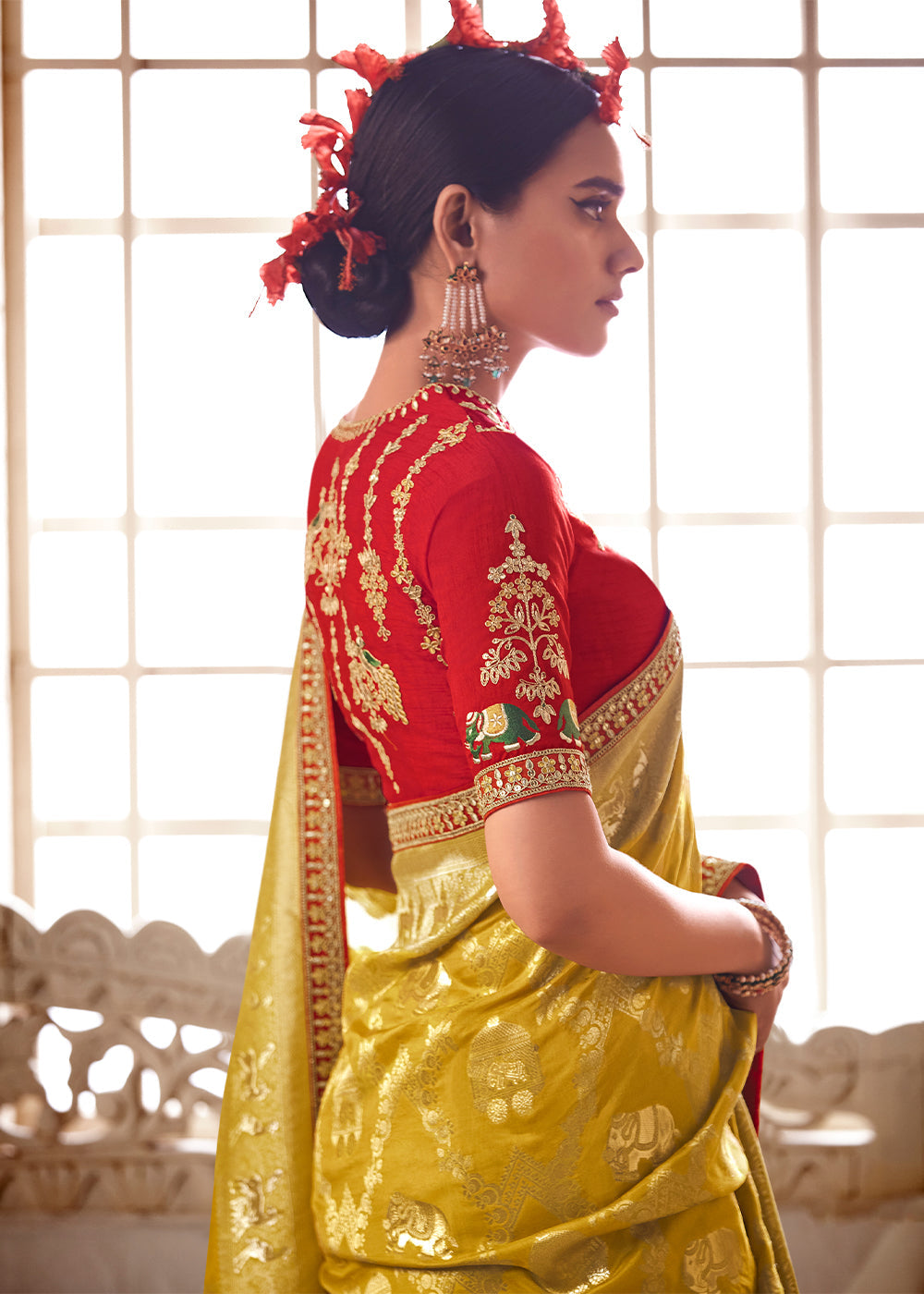 Buy MySilkLove Tree Yellow and Red Banarasi Saree with Designer Blouse Online