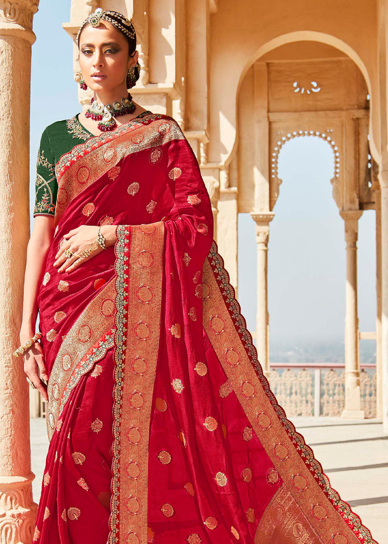 Sweet Red and Green Zari Woven Designer Banarasi Saree