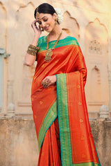 Sunset Orange and Blue Zari Woven Kanjivaram Saree