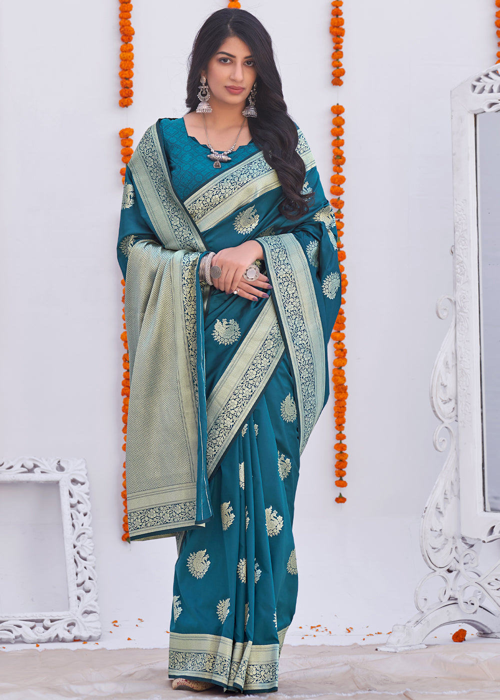 Buy MySilkLove Jelly Bean Blue Zari Woven Banarasi Silk Saree Online