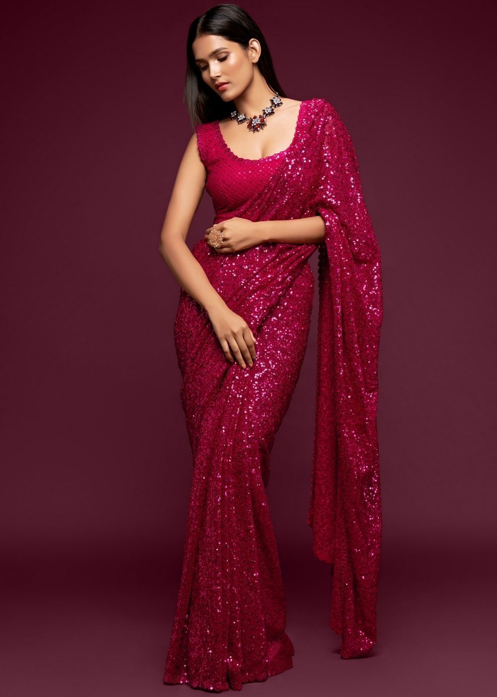 Buy MySilkLove Stiletto Pink Georgette Partywear Saree Online