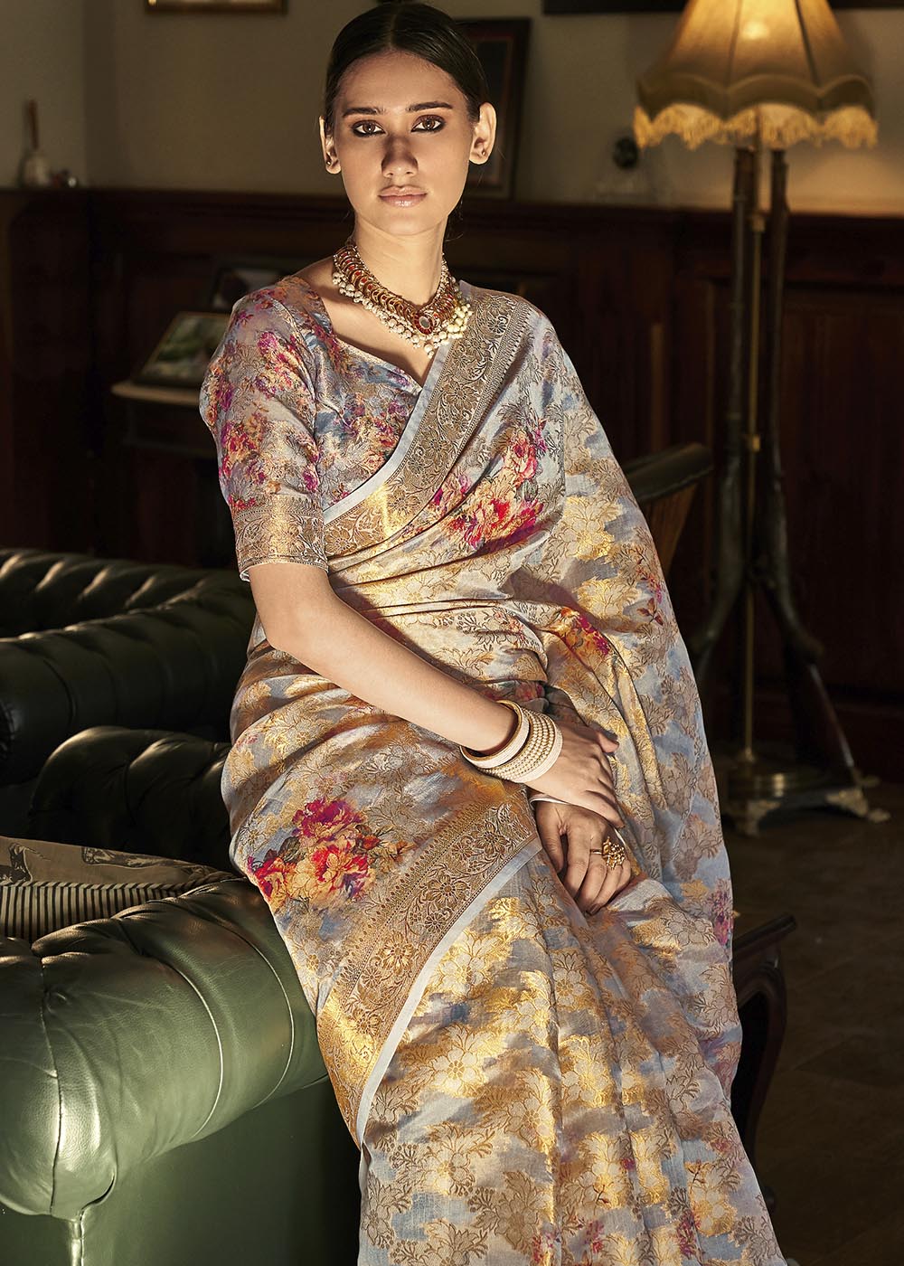 Buy MySilkLove Pale Grey Digital Printed Brasso Saree Online