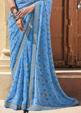 Danube Blue Patola Print Georgette Saree With Embroidered Blouse
