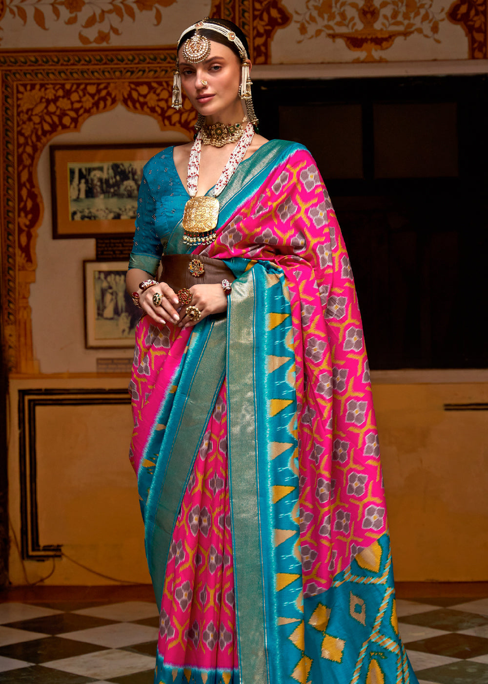 Buy MySilkLove Cabaret Pink and Blue Patola Silk Saree Online