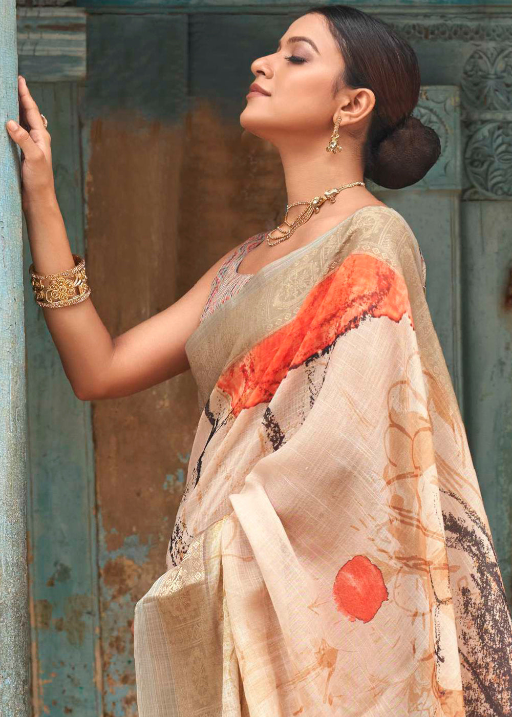 Buy MySilkLove Dairy Light Brown Floral Printed Linen Silk Saree Online