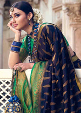 Martinique Blue and Green Zari Woven Banarasi Raw Silk Saree