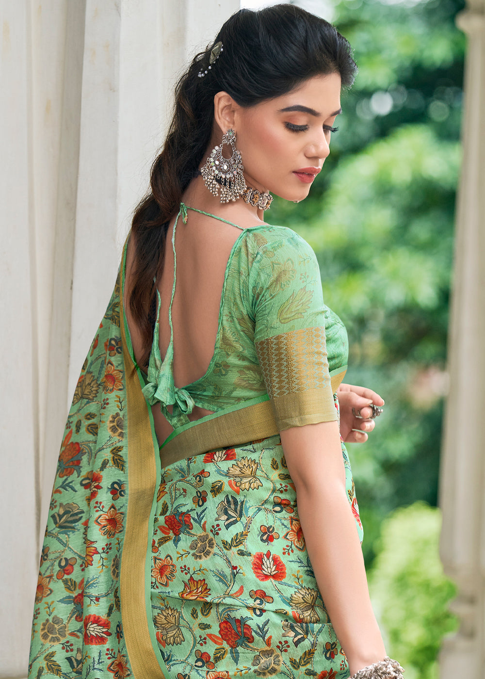 Buy MySilkLove Spring Rain Green Banarasi Printed Saree Online