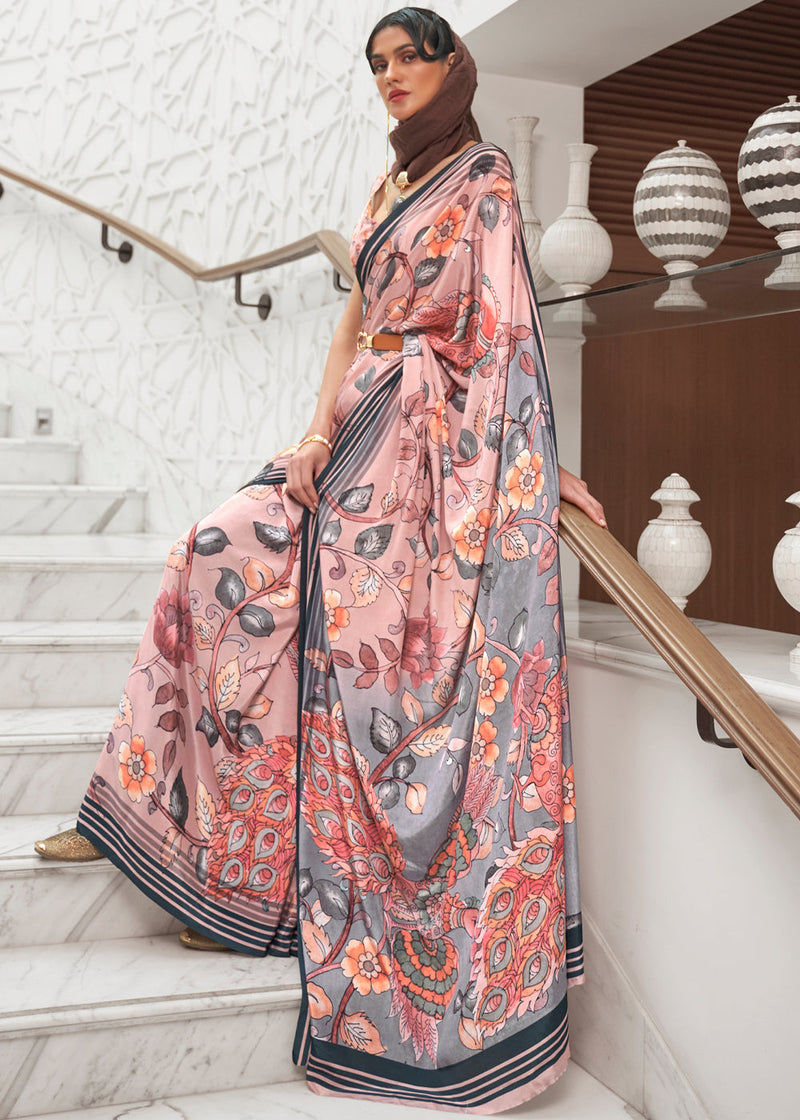 Shilo Pink and Grey Kalamkari Printed Crepe Saree