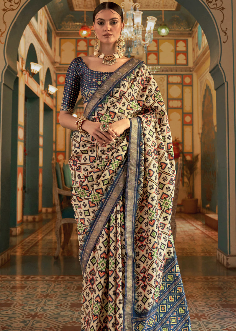 Sirocco Beige and Blue Woven Patola Silk Saree