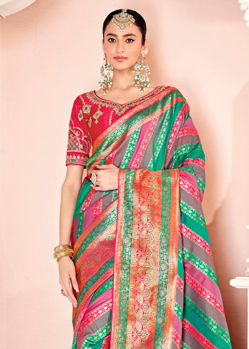 Pine Pink and Green Zari Woven Banarasi Saree with Designer Blouse