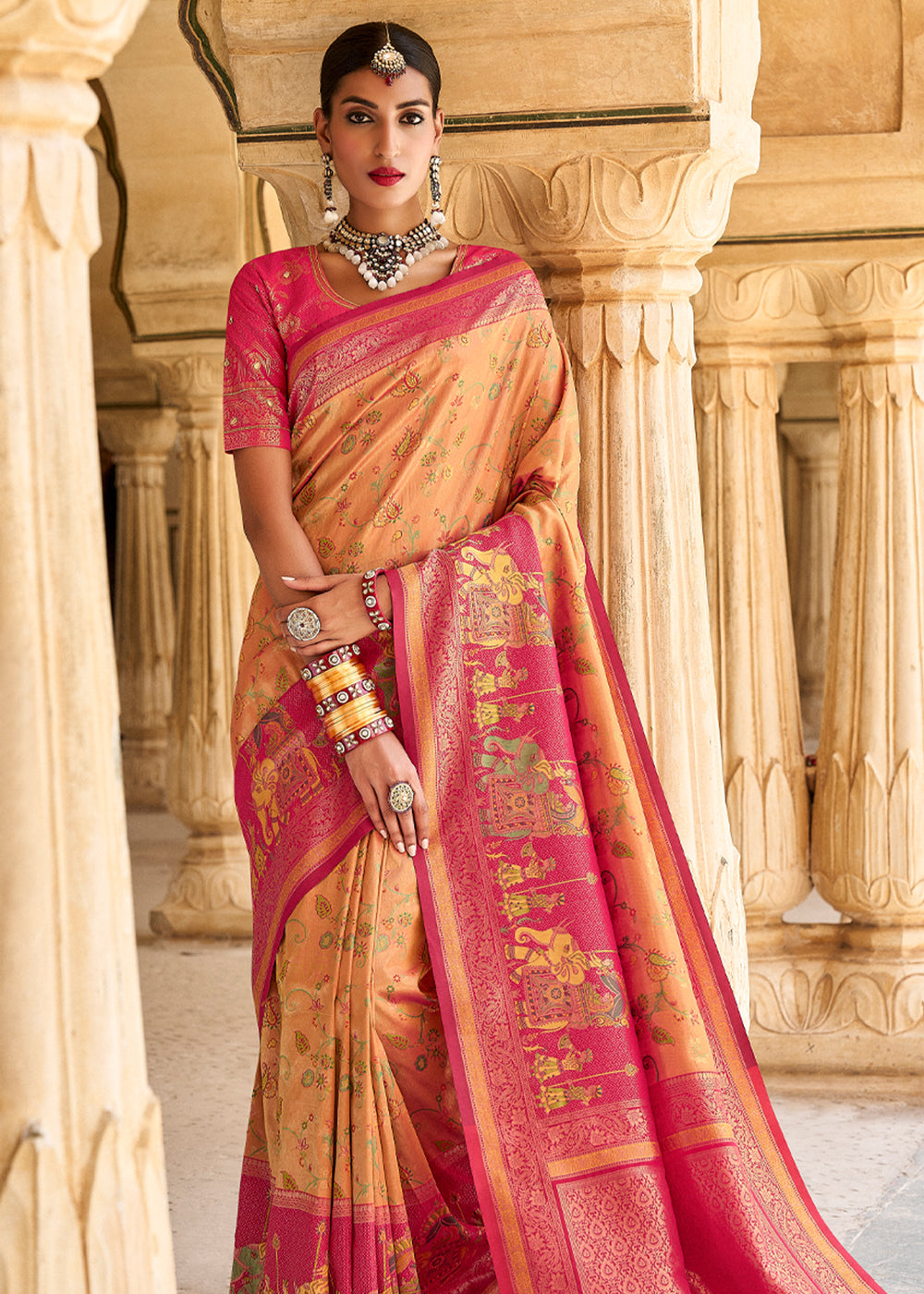 Buy MySilkLove Peach Orange and Red Designer Banarasi Saree Online