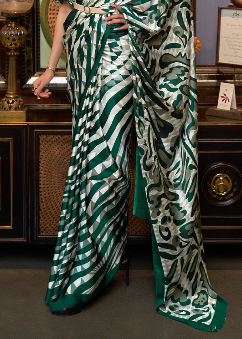 Casal White and Green Printed Satin Silk Saree