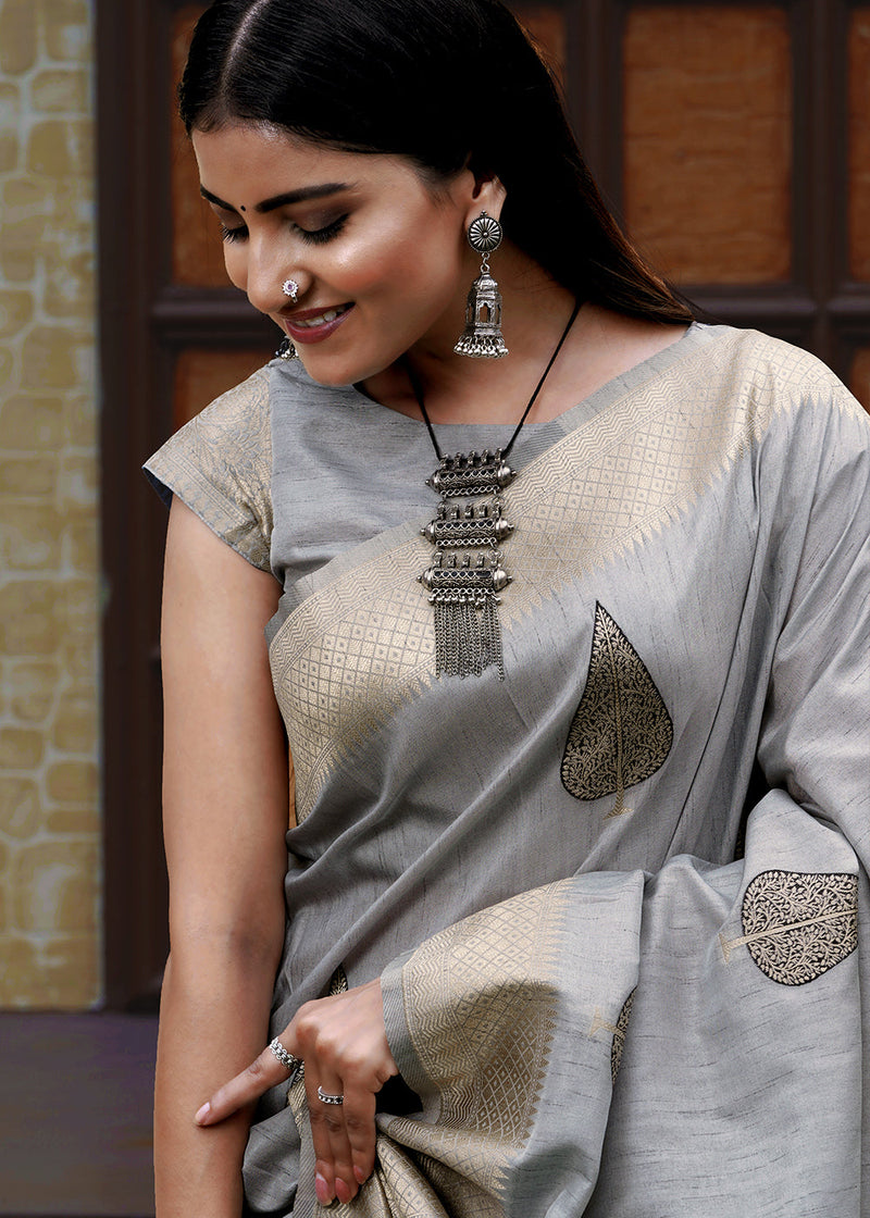 Unique Grey Soft Banarasi Silk Saree With Sizzling Blouse Piece –  LajreeDesigner