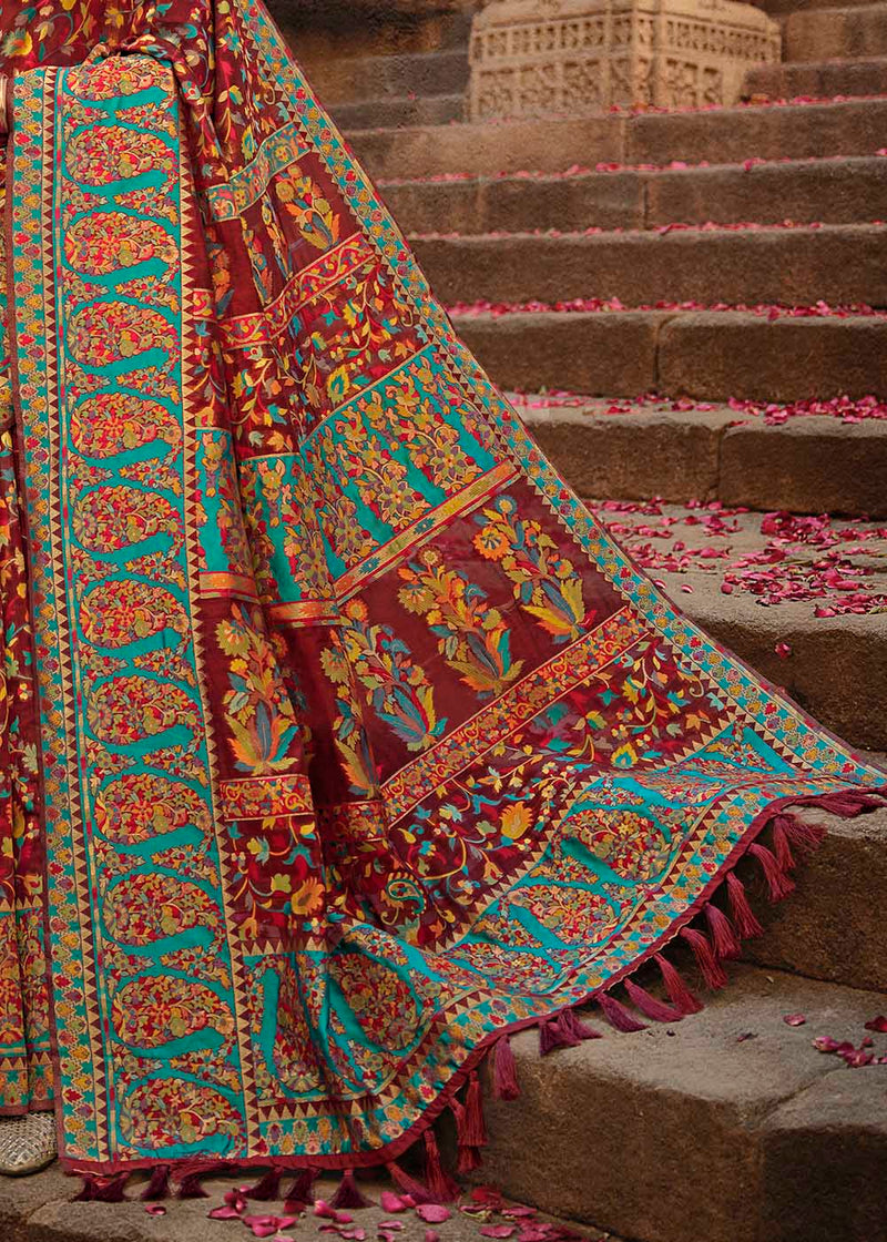 Stiletto Brown Red Zari Woven Banarasi Kora Silk Saree