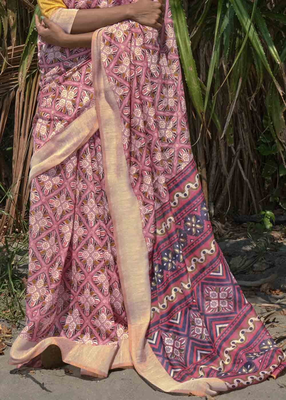 Buy MySilkLove Turkish Pink and Yellow Printed Cotton Saree Online