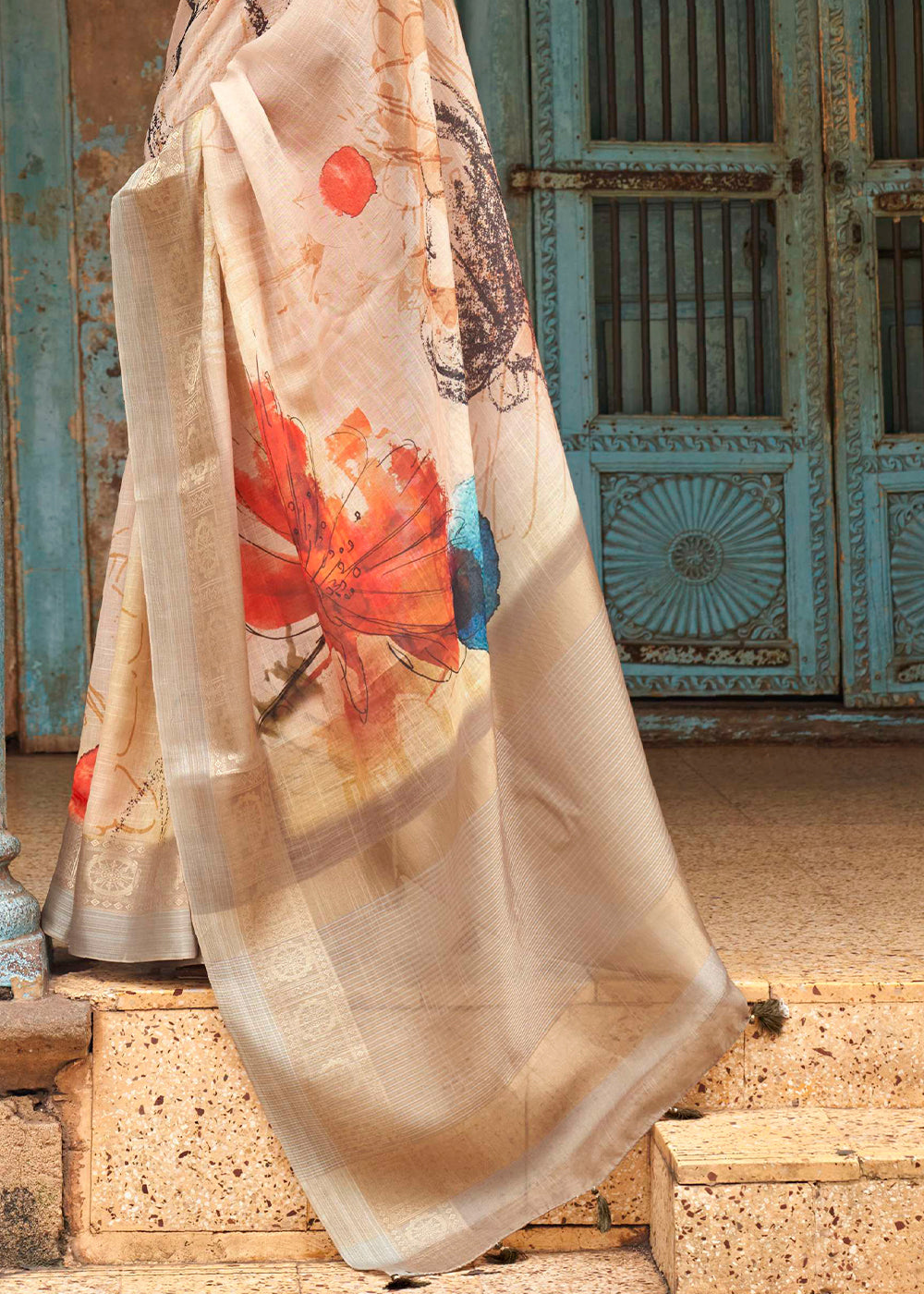 Buy MySilkLove Dairy Light Brown Floral Printed Linen Silk Saree Online