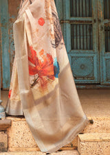 Dairy Light Brown Floral Printed Linen Silk Saree