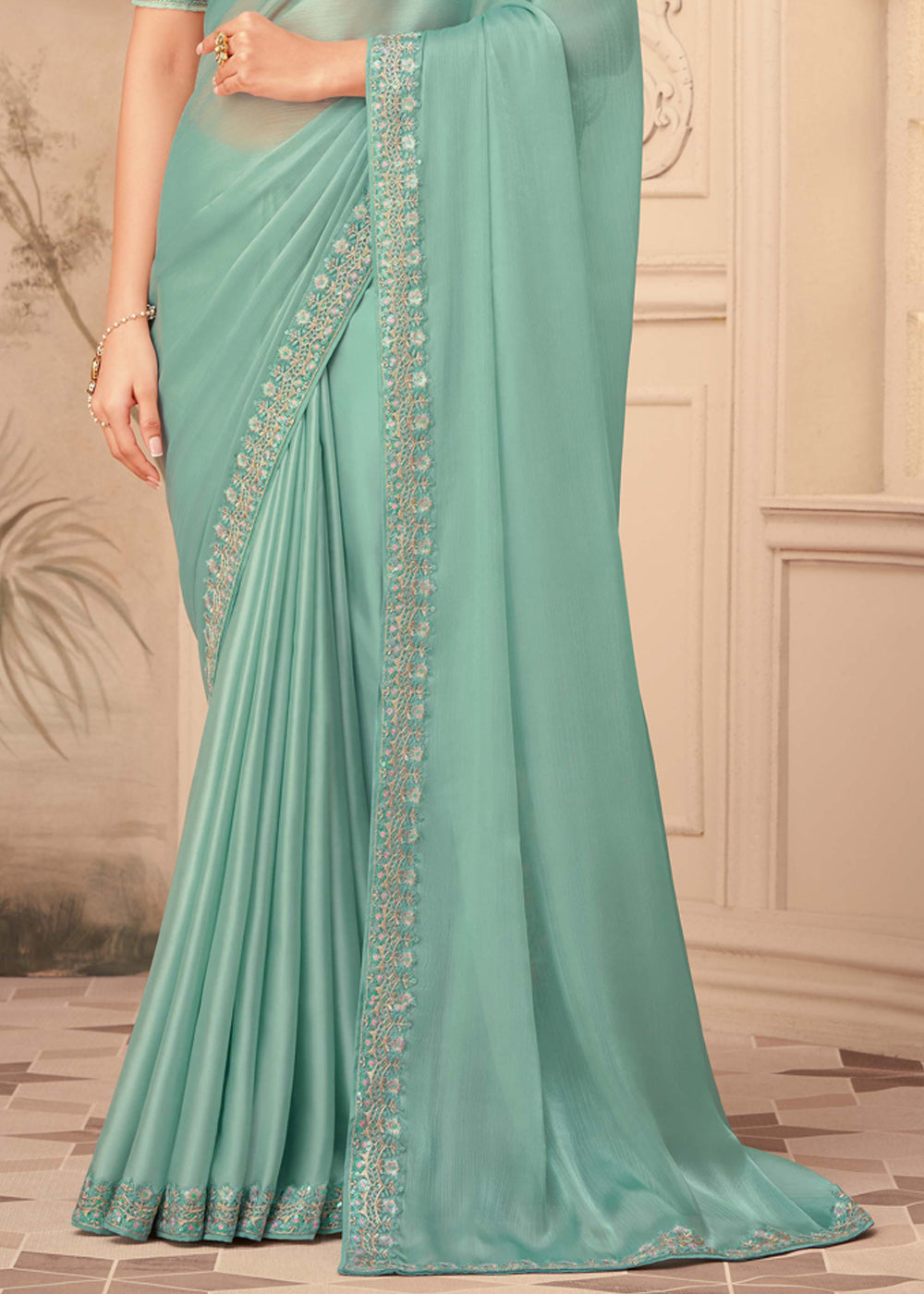 Buy MySilkLove Summer Green Georgette Designer Saree with Embroidered Blouse Online