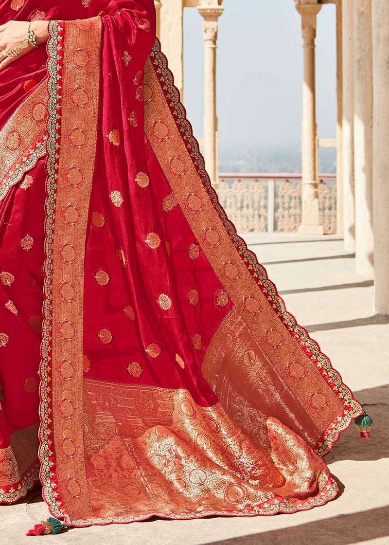 Sweet Red and Green Zari Woven Designer Banarasi Saree
