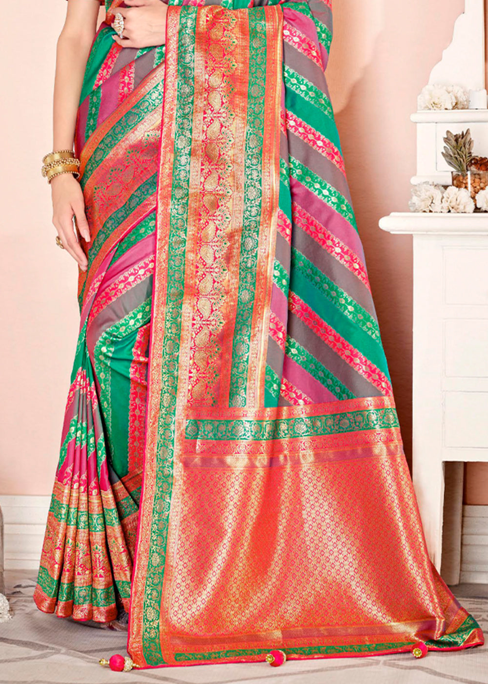 Buy MySilkLove Pine Pink and Green Zari Woven Banarasi Saree with Designer Blouse Online