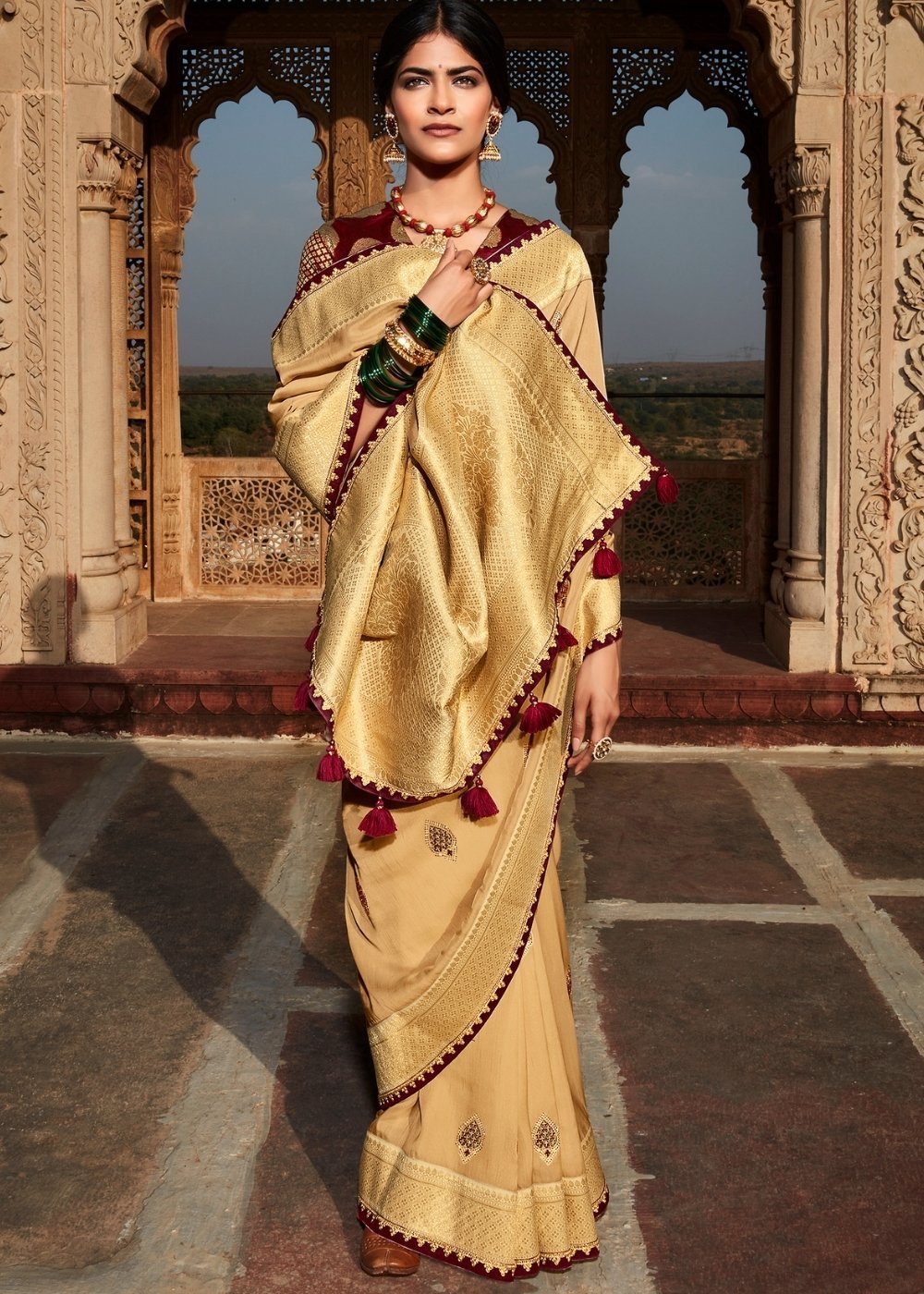 Buy MySilkLove Harvest Gold Cream and Red  Zari Woven Banarasi Silk Saree Online