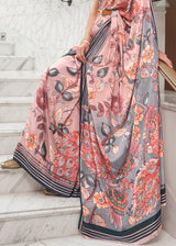 Shilo Pink and Grey Kalamkari Printed Crepe Saree