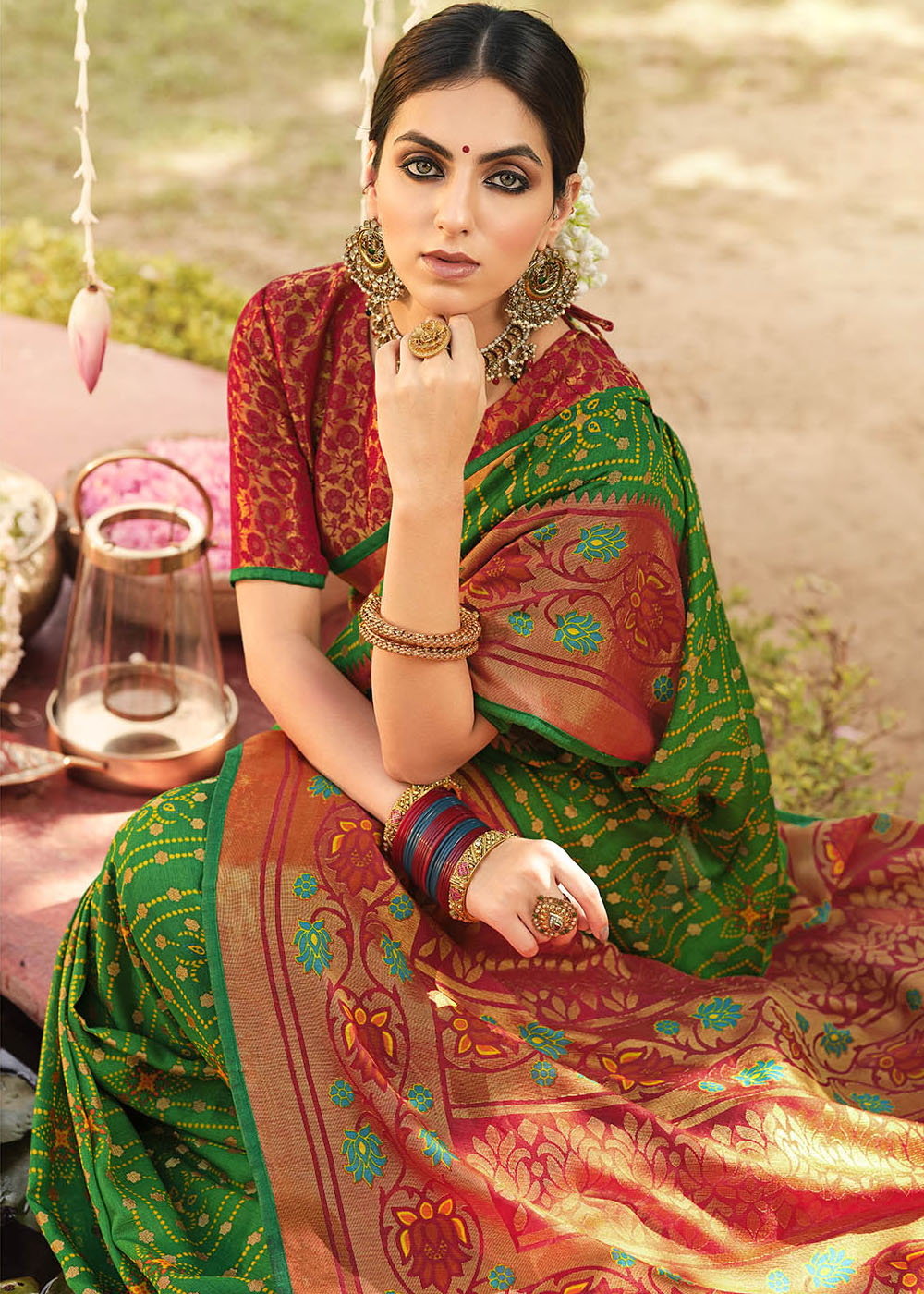 Buy MySilkLove Green Leaf and Red Soft Brasso Silk Saree Online