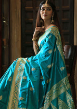 Pearl Blue Katan Pure Silk Handwoven Booti Work Saree